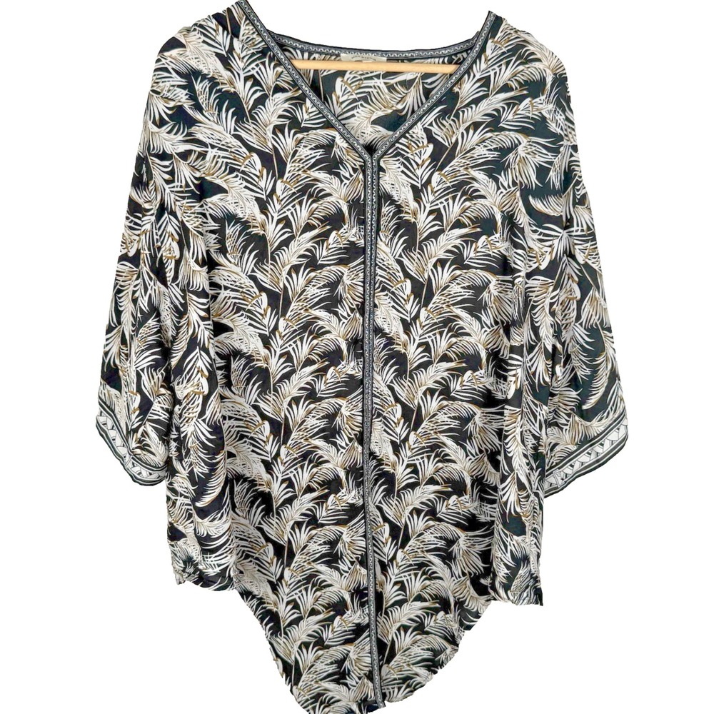 Max Studio Flowy Boho Top Womens 1X  Ivory Black Peasant Blouse‎ Tie Front Tunic